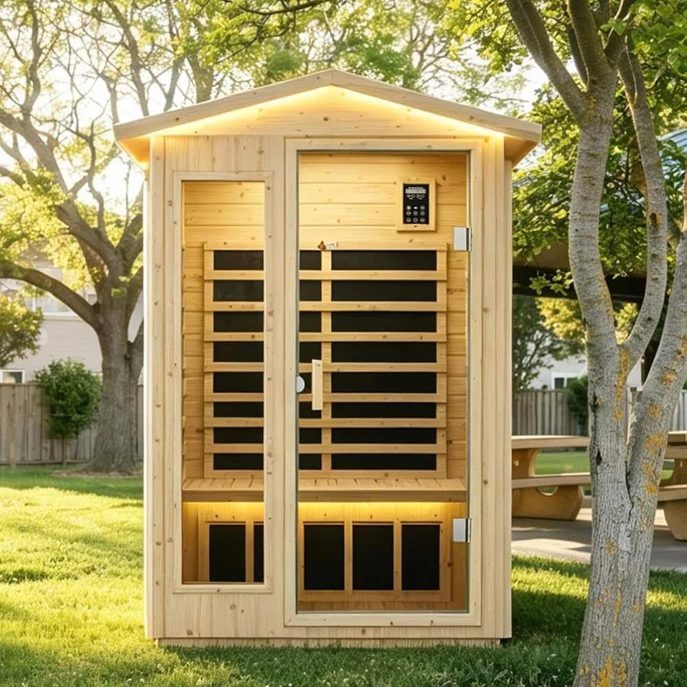 Kanlanth 2-person outdoor infrared sauna in a backyard garden